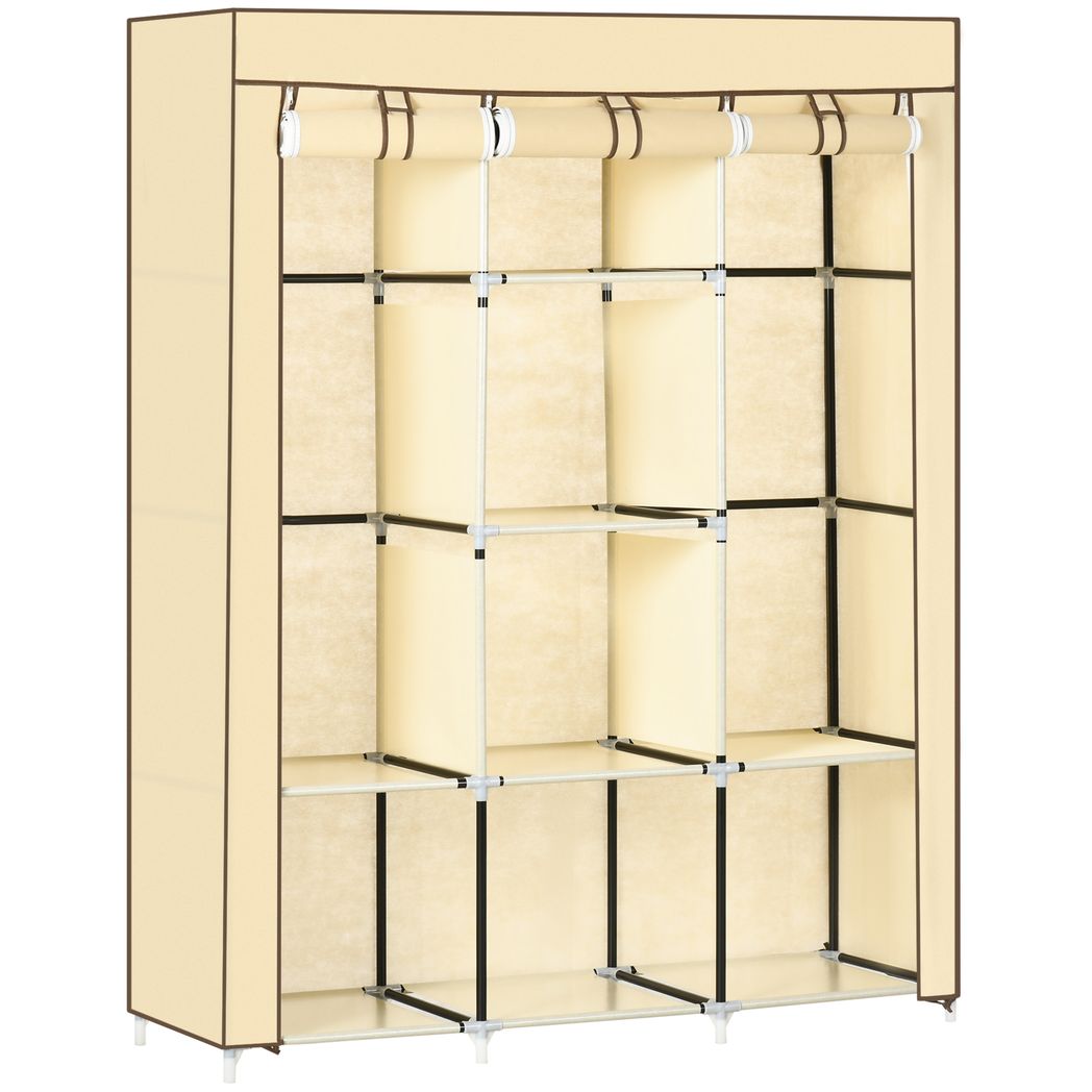HOMCOM 8-Shelf Portable Fabric Wardrobe with 2 Hanging Rails | Beige, Grey & Black