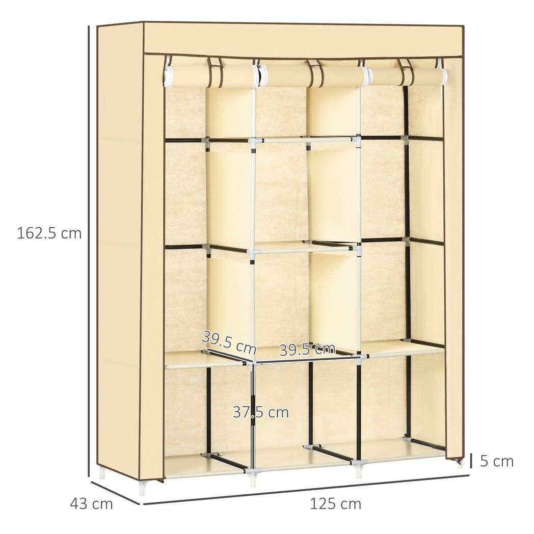 HOMCOM 8-Shelf Portable Fabric Wardrobe with 2 Hanging Rails | Beige, Grey & Black
