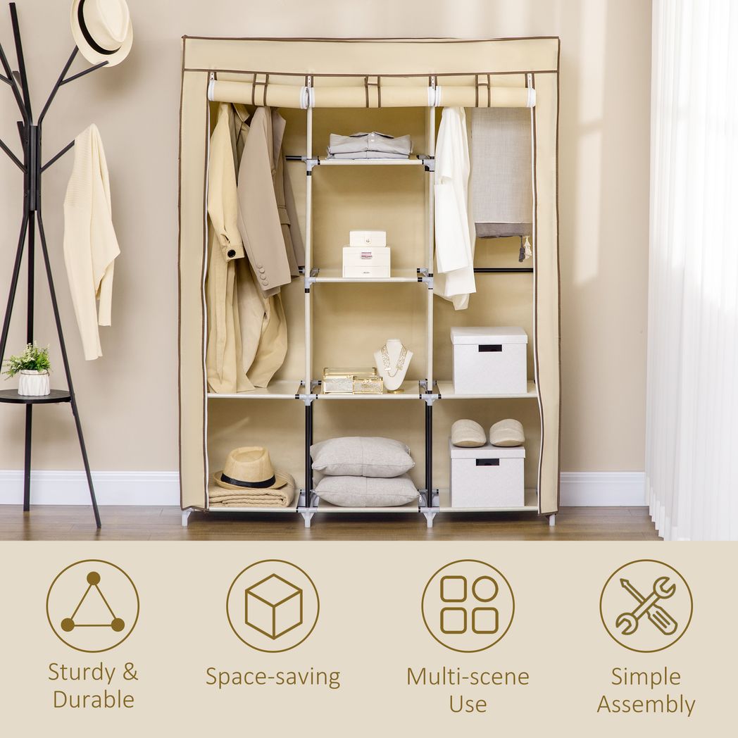 HOMCOM 8-Shelf Portable Fabric Wardrobe with 2 Hanging Rails | Beige, Grey & Black