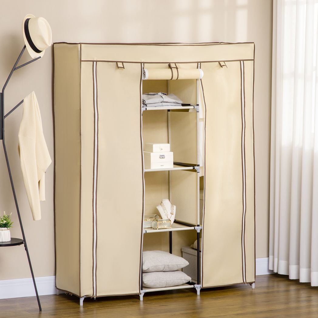 HOMCOM 8-Shelf Portable Fabric Wardrobe with 2 Hanging Rails | Beige, Grey & Black