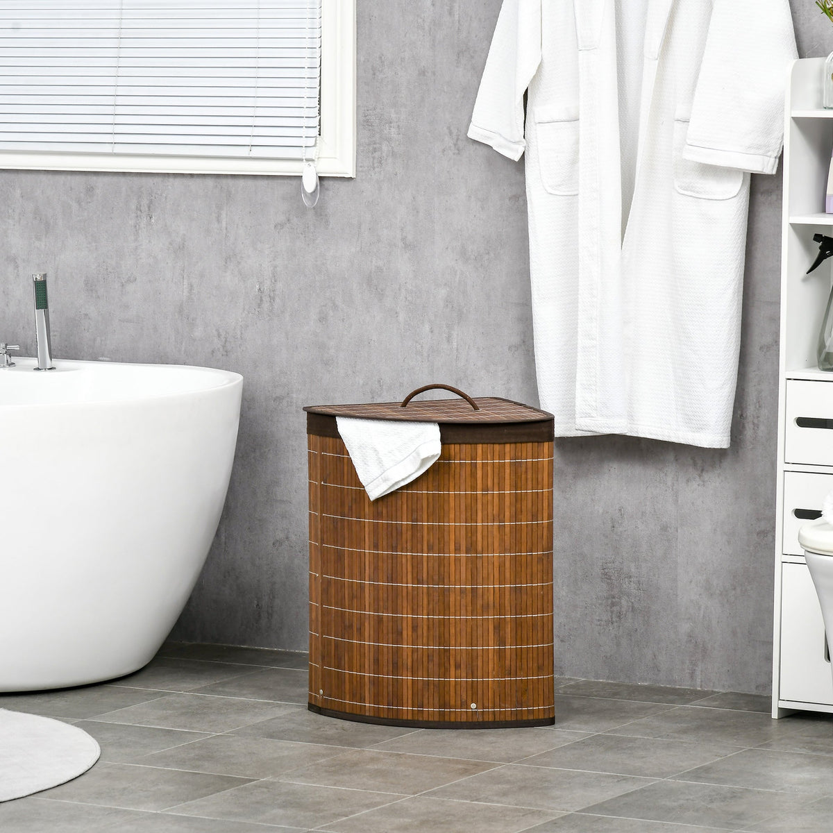 HOMCOM 55L Bamboo Corner Laundry Hamper Bamboo Laundry Basket Brown