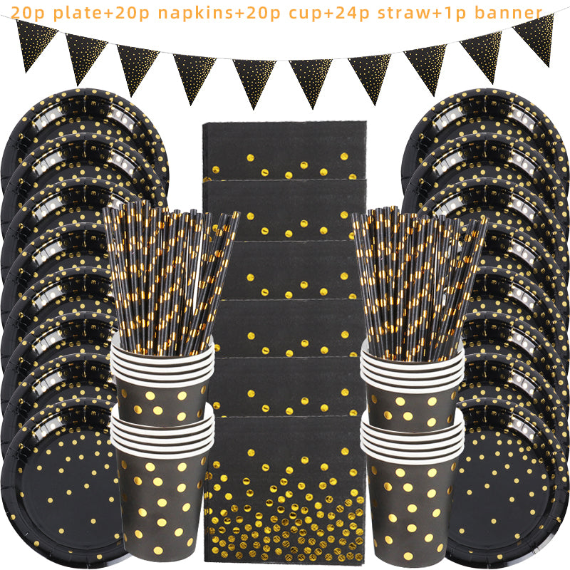 WEIGAO Black Gold Dot Stamping Party Tableware Set for Celebrations