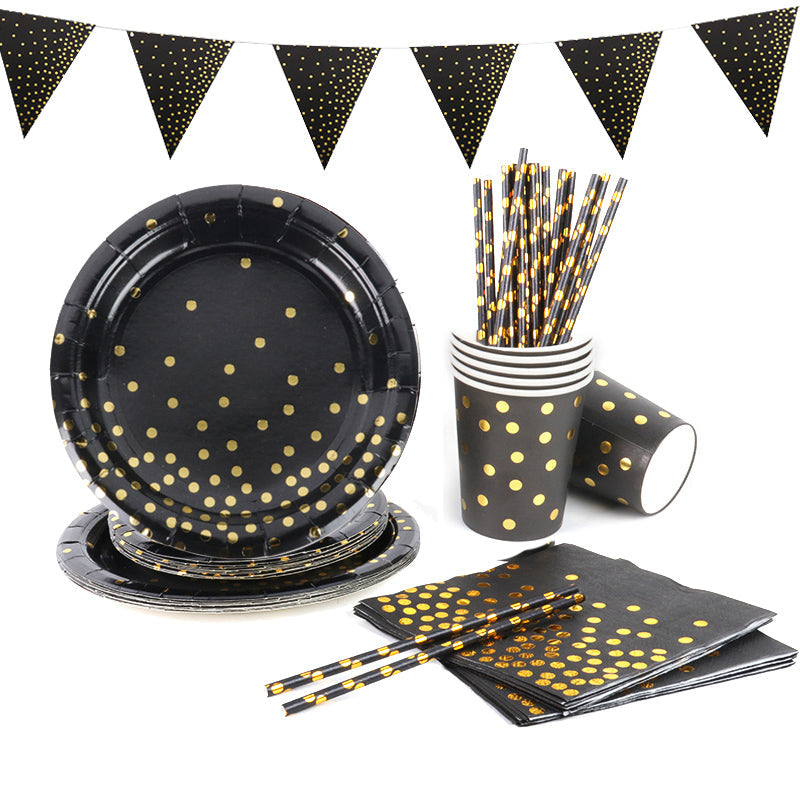 WEIGAO Black Gold Dot Stamping Party Tableware Set for Celebrations