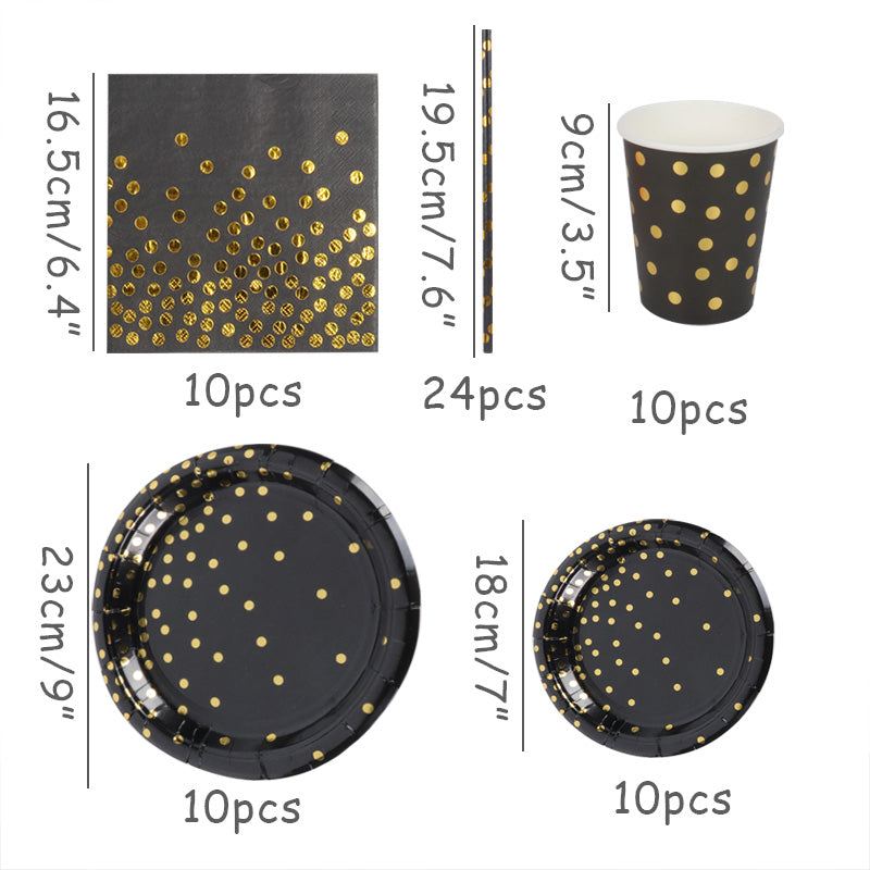 WEIGAO Black Gold Dot Stamping Party Tableware Set for Celebrations