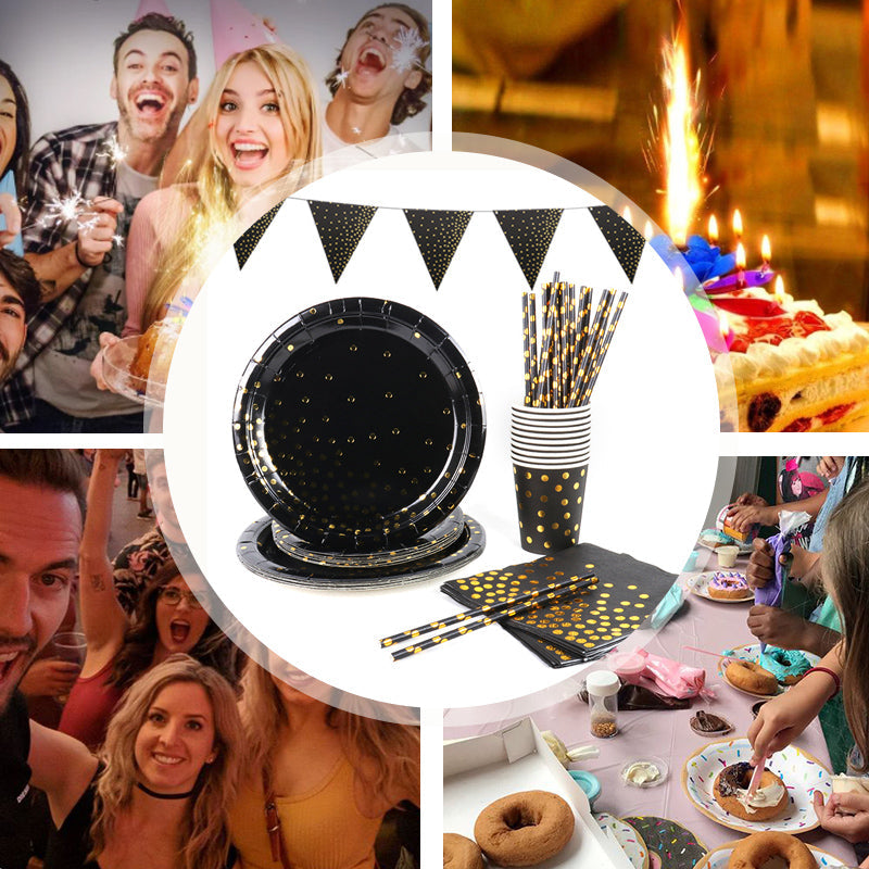 WEIGAO Black Gold Dot Stamping Party Tableware Set for Celebrations