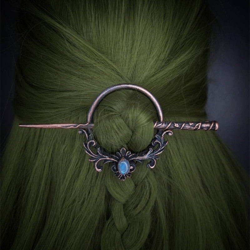 Vintage Carved Moonlight Stone Metal Hair Stick Bohemia Sliding Hairpin