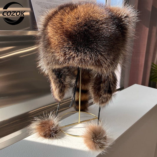 Women's Natural Raccoon Fur Ushanka Hat – Adjustable
