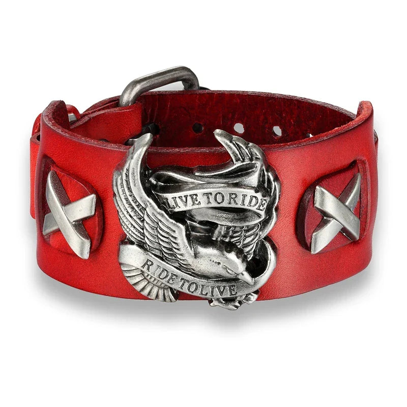 Genuine Leather Biker Eagle Wide Cuff Bracelet | Gothic Rock Wristband for Men