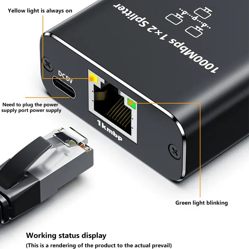 1-to-2 Gigabit Ethernet Splitter – RJ45 1000Mbps Network Adapter