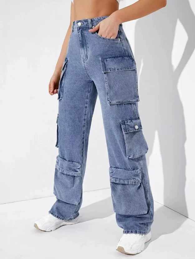 Retro Streetwear Denim Cargo Jeans – High Waist Washed Loose Fit with Flip Pockets