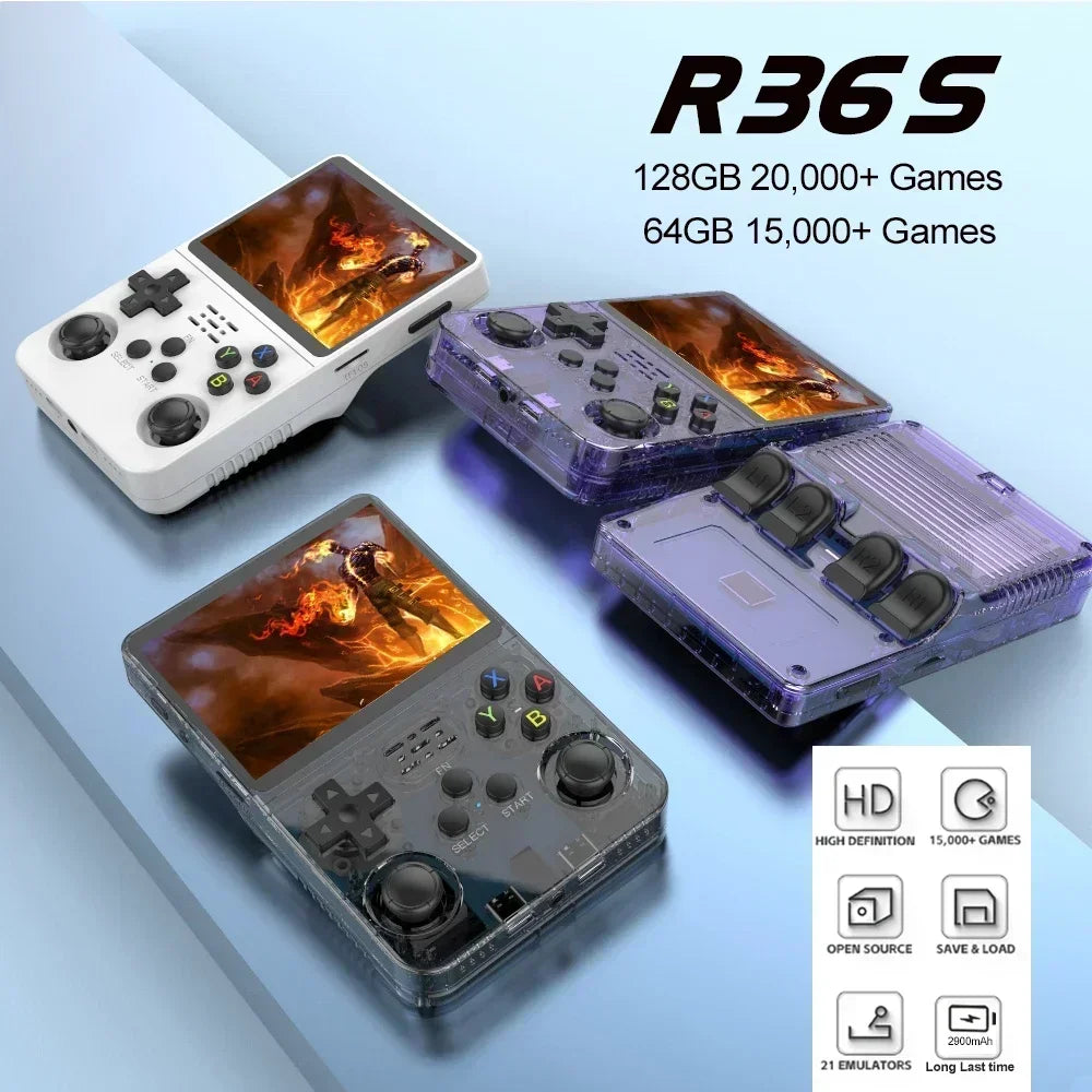 R36S 3.5" IPS Handheld Retro Game Console | Linux OS | 15,000 Games | 64GB / 128GB | Black, Orange, Purple, White