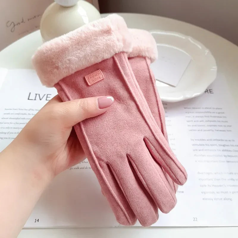 Women's Winter Thick Plush Touchscreen Gloves – Warm Suede Ladies Gloves