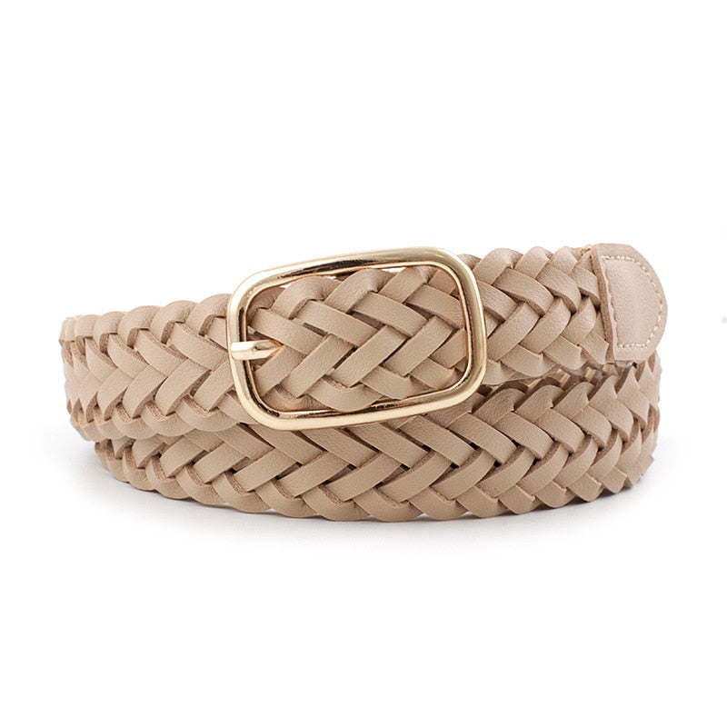 Women PU Leather Braided Belt Golden Square Pin Buckle Belt New Fashion Causal Jeans Dress Waistband 2.3cm Thin Belt