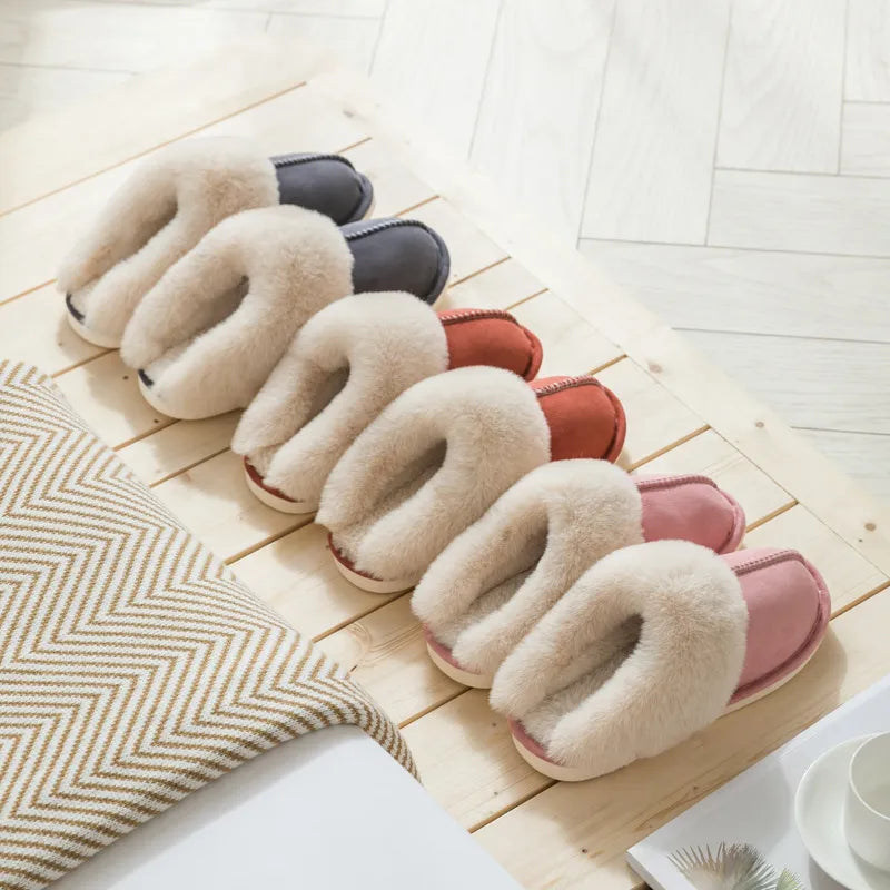Winter Warm Home Fur Slippers Women Luxury Faux Suede Plush Couple Cotton Shoes Indoor Bedroom Flat Heels Fluffy Slippers