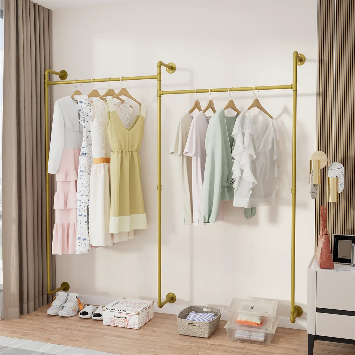 80.7 Inch Long Industrial Pipe Clothes Rack Double Clothes Rail Loft Residential Tidy Wardrobe Wall Clothing Hanging Rack