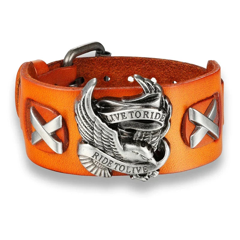 Genuine Leather Biker Eagle Wide Cuff Bracelet | Gothic Rock Wristband for Men
