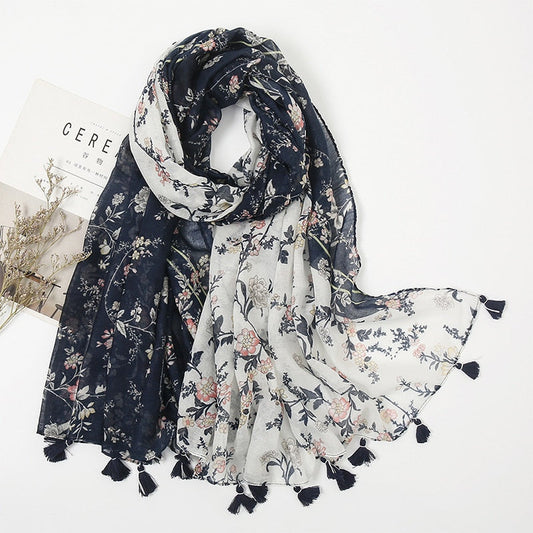 Floral Print Tassel Scarf & Shawl – Lightweight Beach Cover-Up & Hijab Wrap for Women
