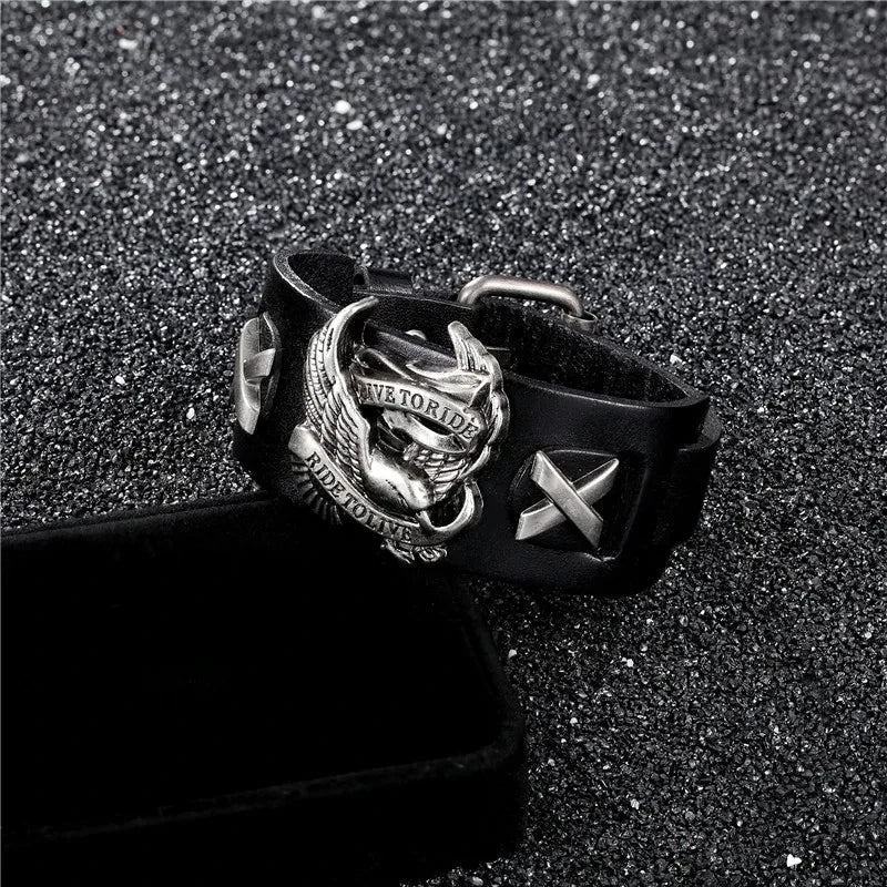 Genuine Leather Biker Eagle Wide Cuff Bracelet | Gothic Rock Wristband for Men