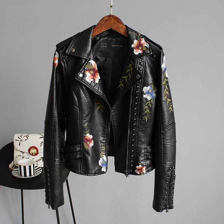 Women's Floral Embroidery PU Leather Biker Jacket – Turn-Down Collar | Black