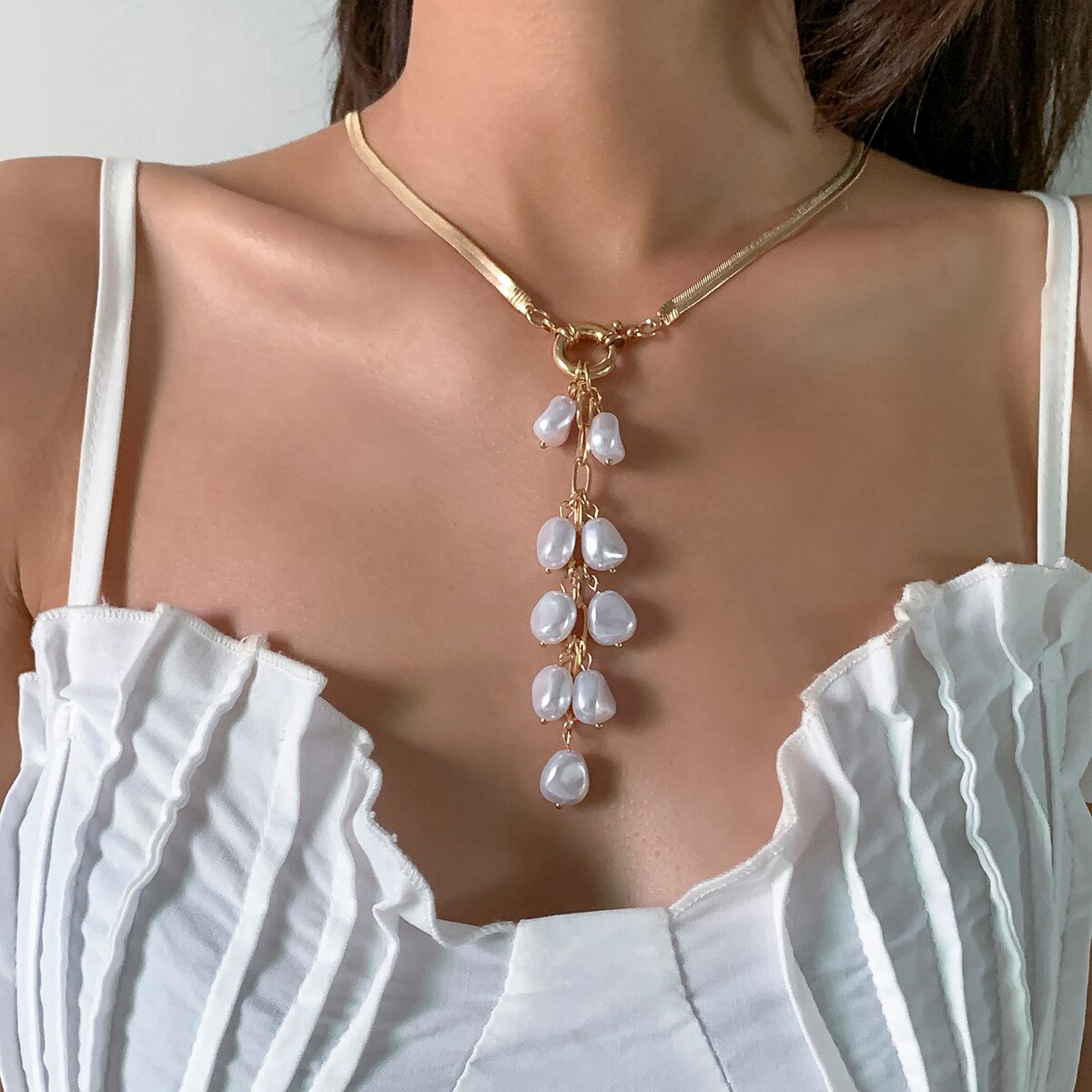 Pearl Pendant Snake Chain Tassel Choker Necklace