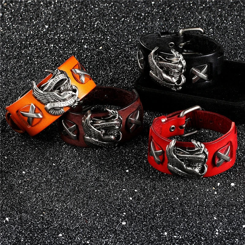 Genuine Leather Biker Eagle Wide Cuff Bracelet | Gothic Rock Wristband for Men