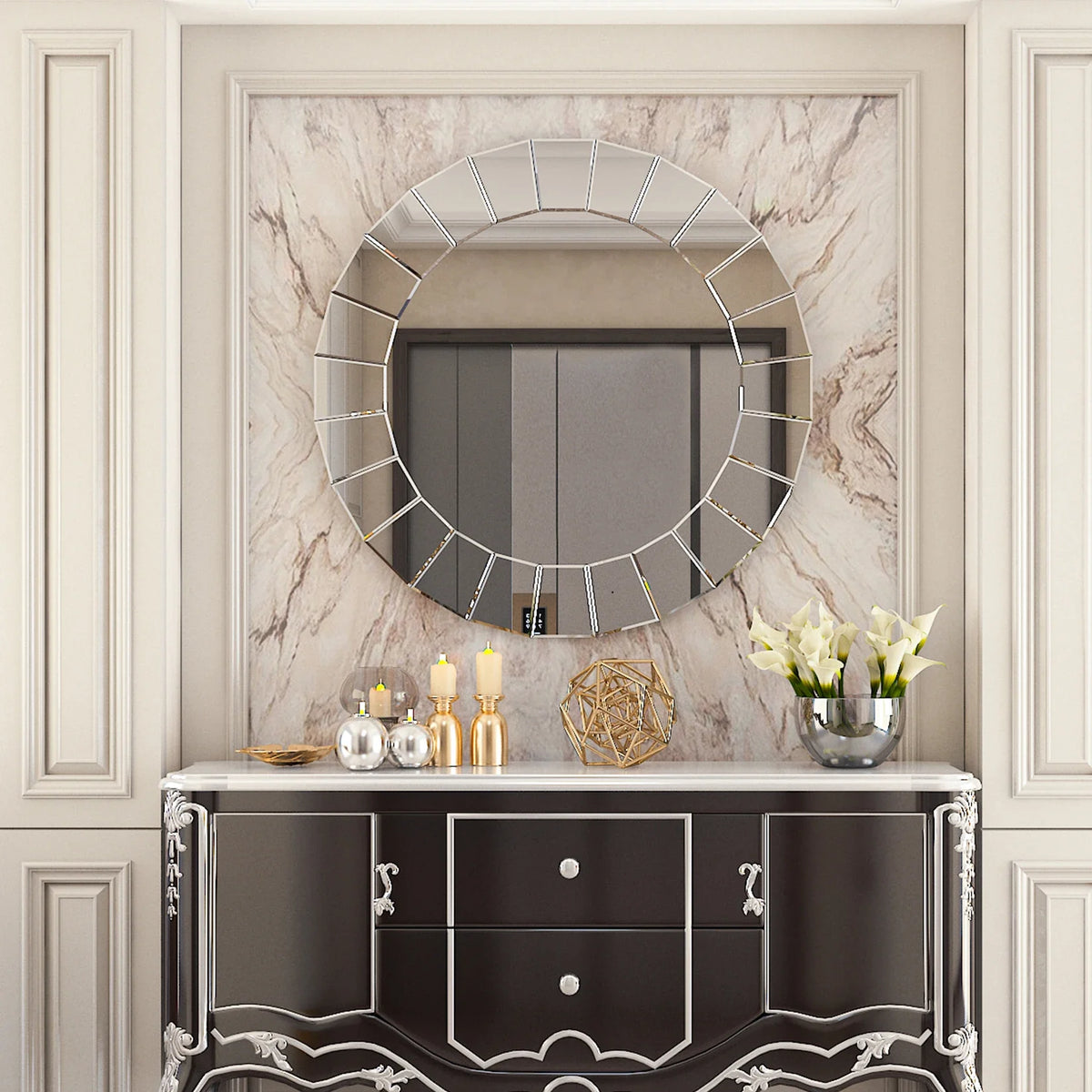 Round Silver Wall-mounted Mirrors for Hallway Living Room, Large Mirrors, Venetian Ornate Art Decor, 80cm