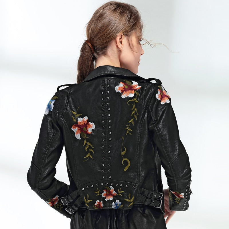 Women's Floral Embroidery PU Leather Biker Jacket – Turn-Down Collar | Black