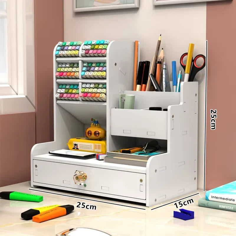 Mark Pen Pencil Holder Wooden Desk Organizers Shelves Accessories Desktop Stationery Organizer Bookshelf Home Office Storage Box