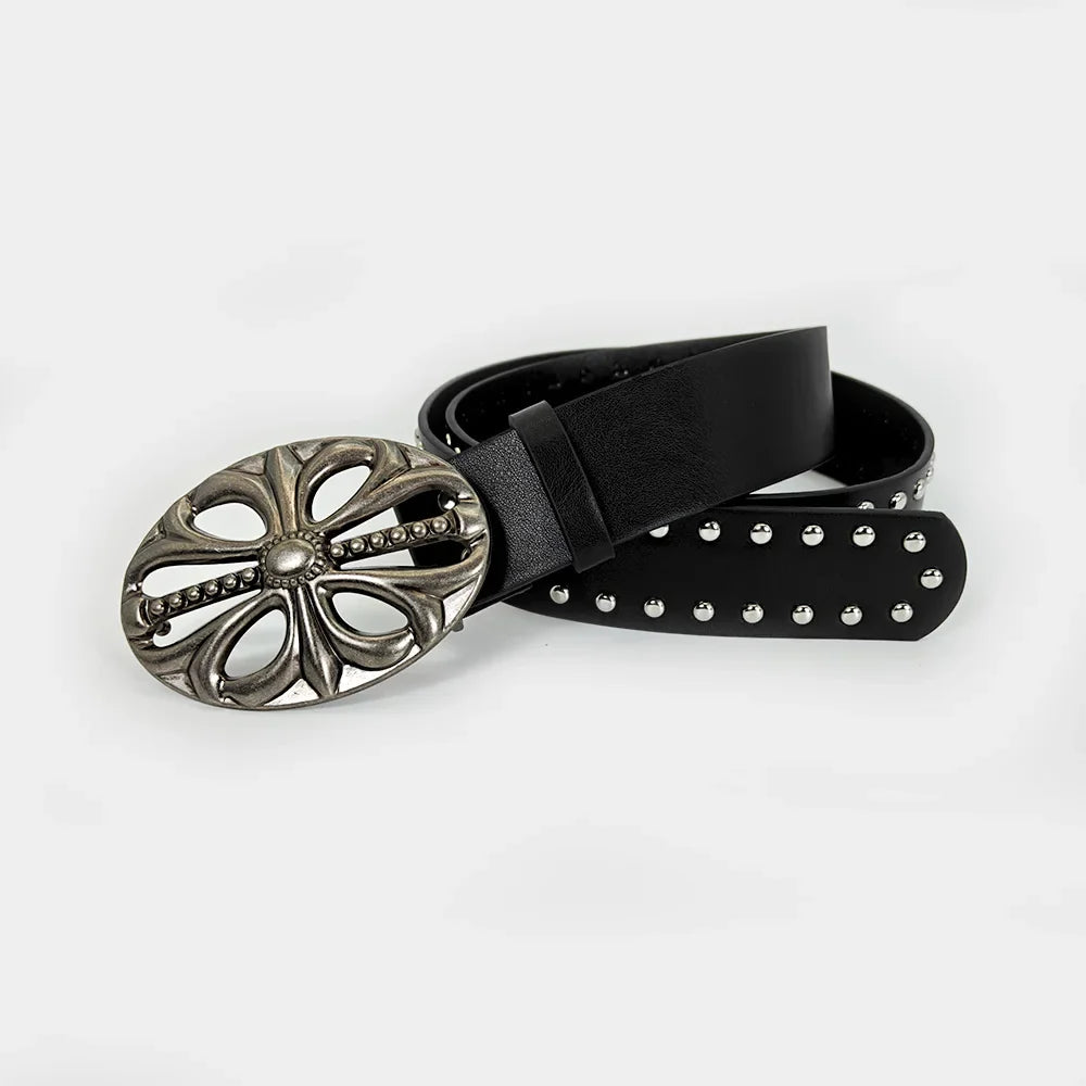 Black Punk Rock Studded Belt with Vintage Silver Cross Buckle – Gothic Fashion Waist Belt for Jeans & Dresses