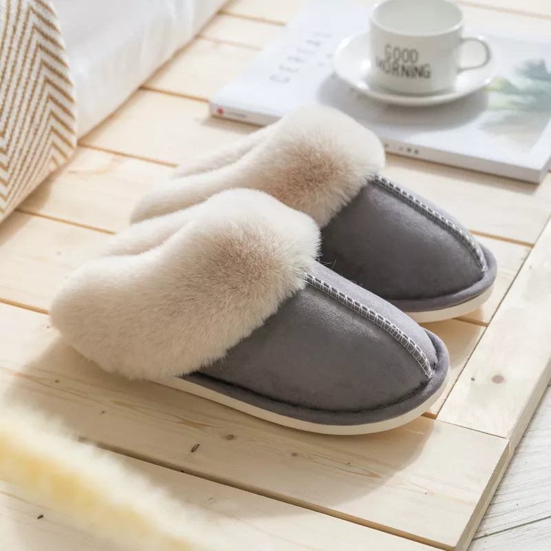 Winter Warm Home Fur Slippers Women Luxury Faux Suede Plush Couple Cotton Shoes Indoor Bedroom Flat Heels Fluffy Slippers