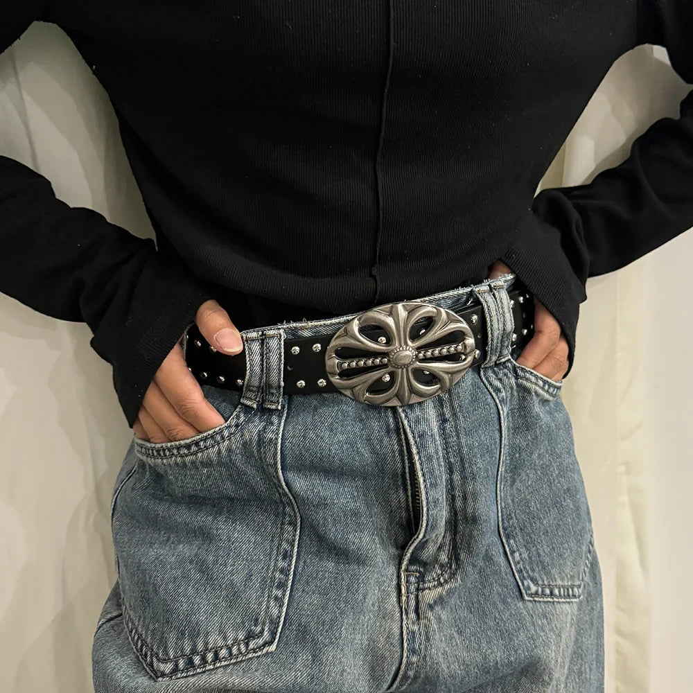 Black Punk Rock Studded Belt with Vintage Silver Cross Buckle – Gothic Fashion Waist Belt for Jeans & Dresses
