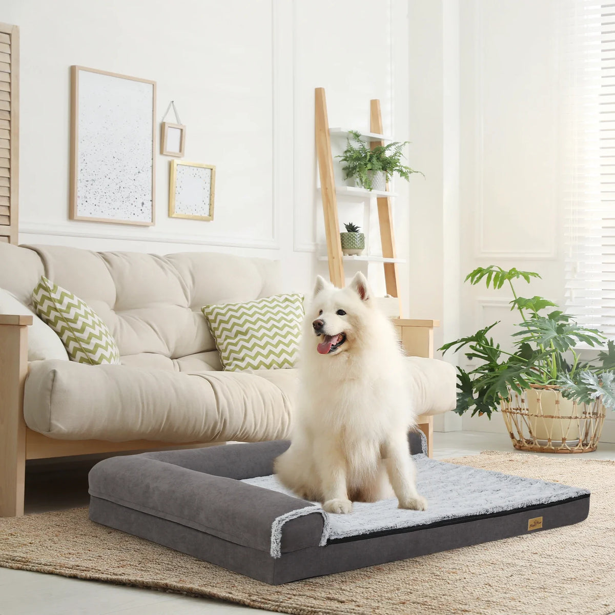 BigngoPaw Heavy Duty Dog Bed for Large Medium Super Soft L-shape Pet Calming Bed Chaise Sofa Kennel Mat w/ Removable Plush Cover