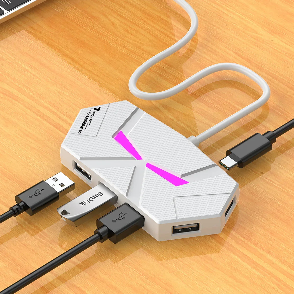 7-Port USB 2.0 Hub with Type-C Power Supply | 60cm & 1.2m Cable | Black or White