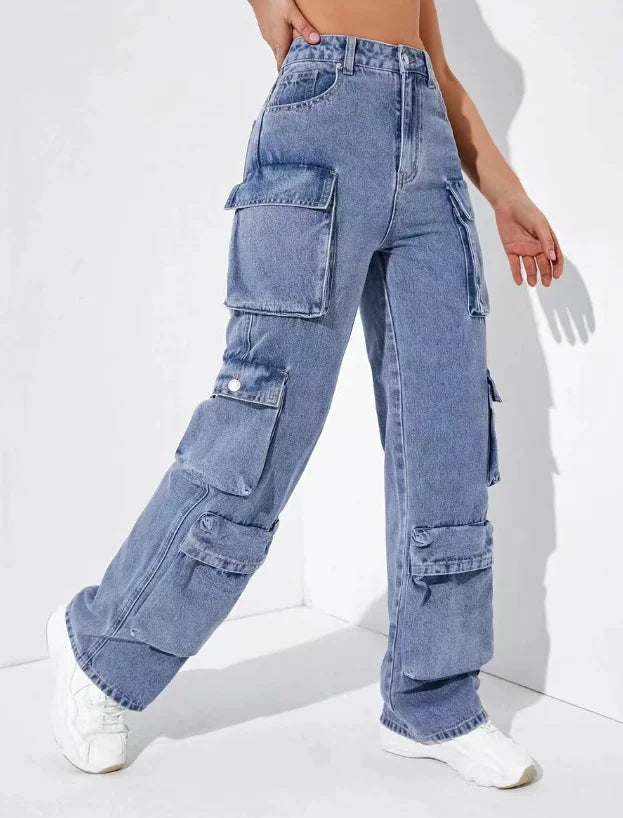 Retro Streetwear Denim Cargo Jeans – High Waist Washed Loose Fit with Flip Pockets