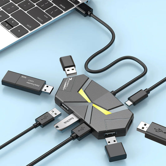 7-Port USB 2.0 Hub with Type-C Power Supply | 60cm & 1.2m Cable | Black or White