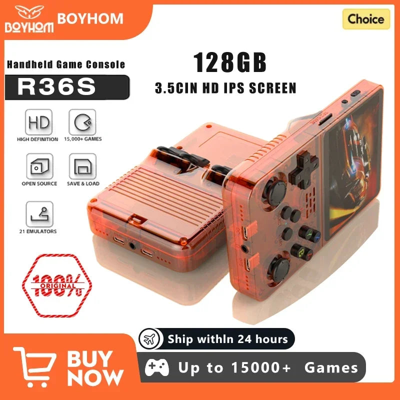 R36S 3.5" IPS Handheld Retro Game Console | Linux OS | 15,000 Games | 64GB / 128GB | Black, Orange, Purple, White