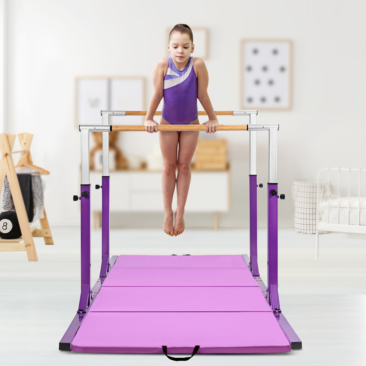 Kids Parallel Gymnastics Bar with Adjustable Width and 11-Level Heights-Pink