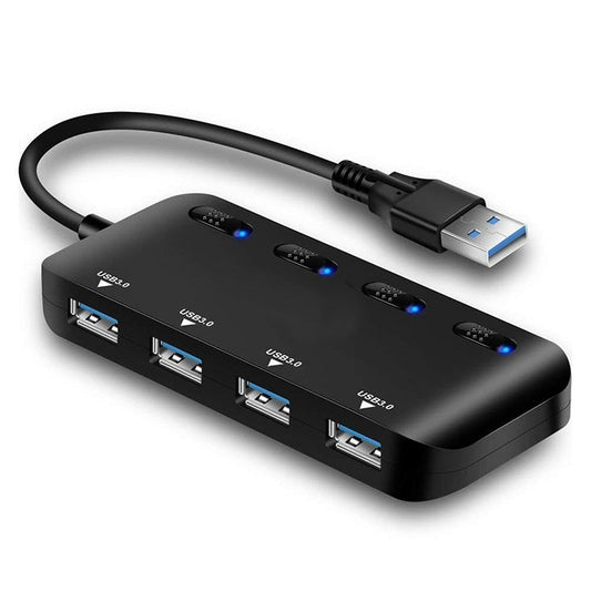 4-Port USB 3.0 Hub with Individual On/Off Switches & LED Indicators | Plug & Play