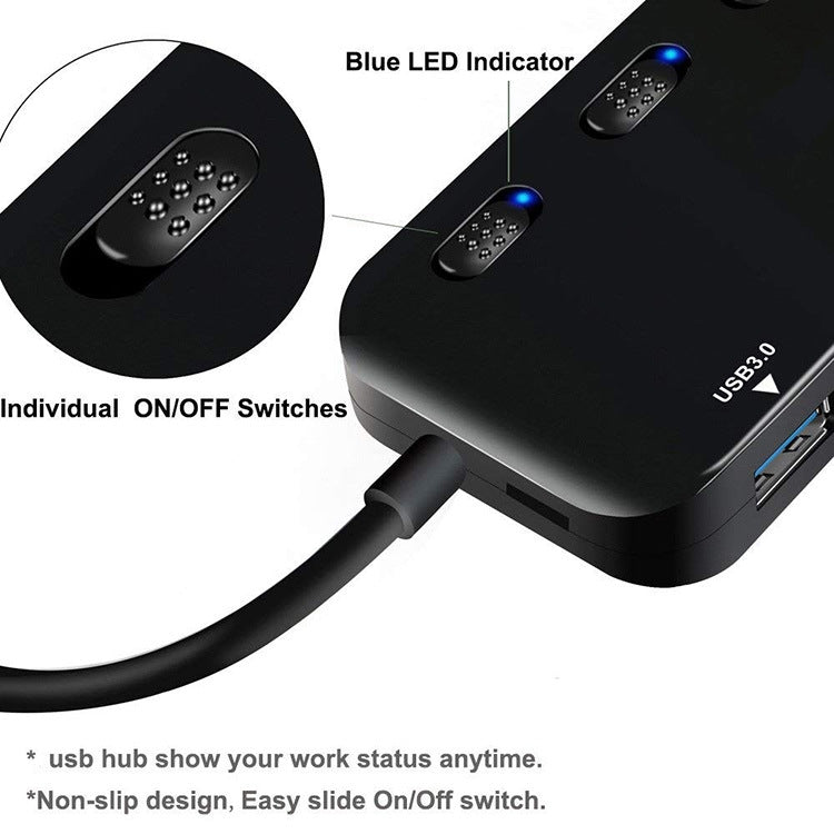 4-Port USB 3.0 Hub with Individual On/Off Switches & LED Indicators | Plug & Play