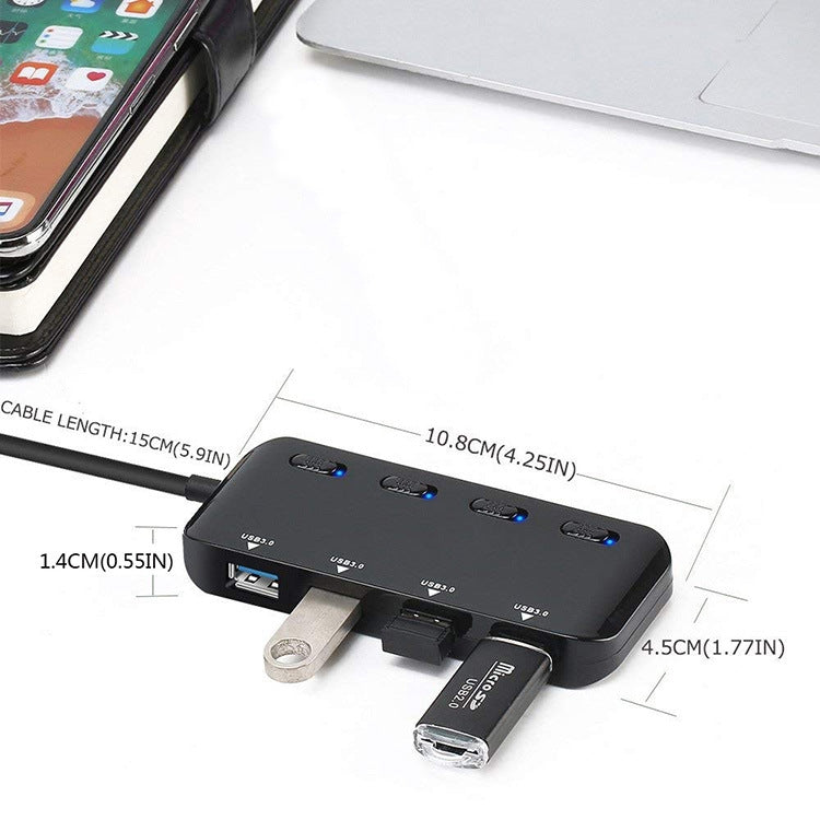 4-Port USB 3.0 Hub with Individual On/Off Switches & LED Indicators | Plug & Play