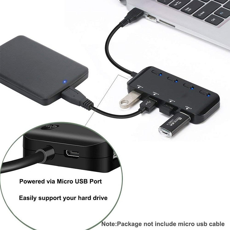 4-Port USB 3.0 Hub with Individual On/Off Switches & LED Indicators | Plug & Play