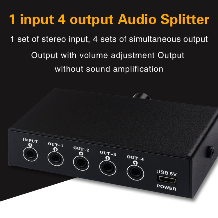 1-In-4-Out Audio Signal Splitter | 3.5mm Stereo Distribution Hub with Volume Control