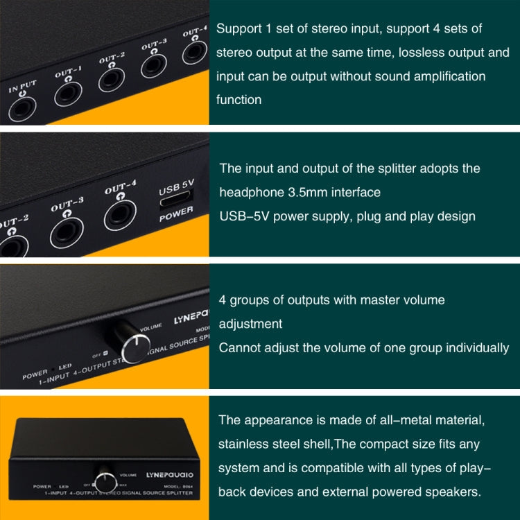 1-In-4-Out Audio Signal Splitter | 3.5mm Stereo Distribution Hub with Volume Control