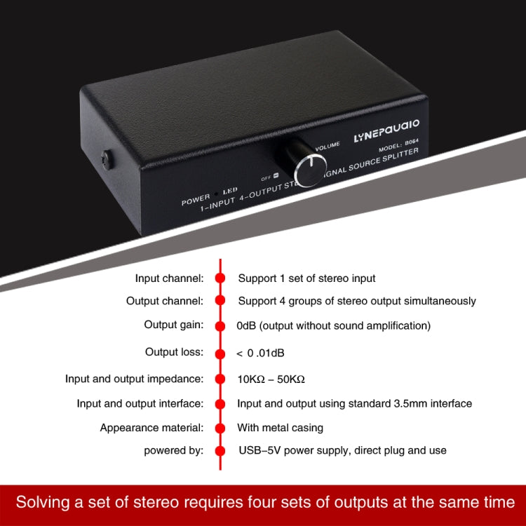 1-In-4-Out Audio Signal Splitter | 3.5mm Stereo Distribution Hub with Volume Control