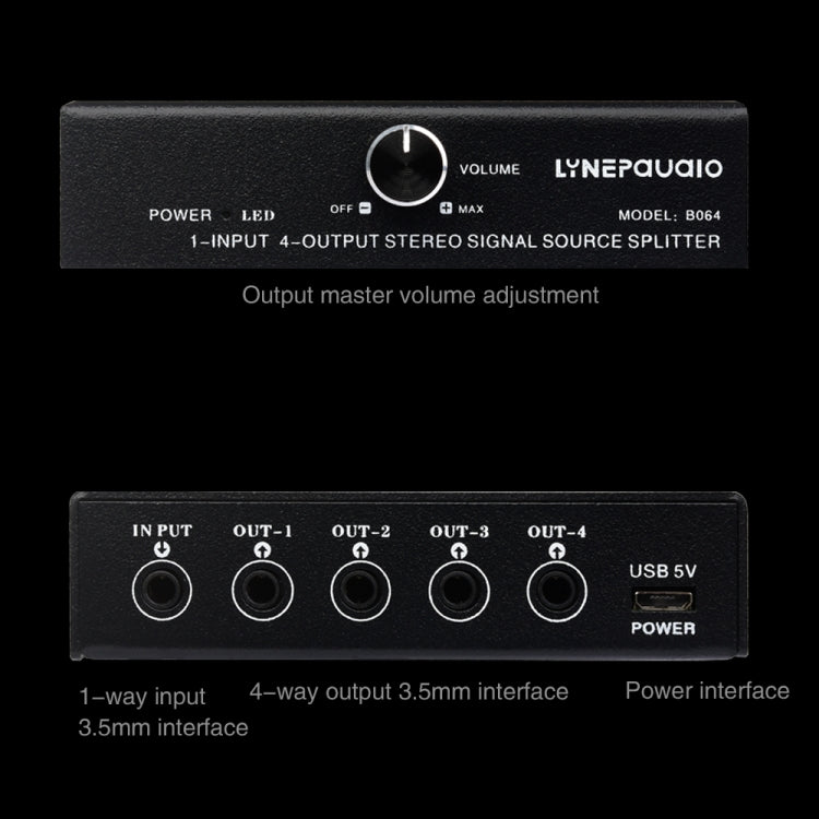 1-In-4-Out Audio Signal Splitter | 3.5mm Stereo Distribution Hub with Volume Control