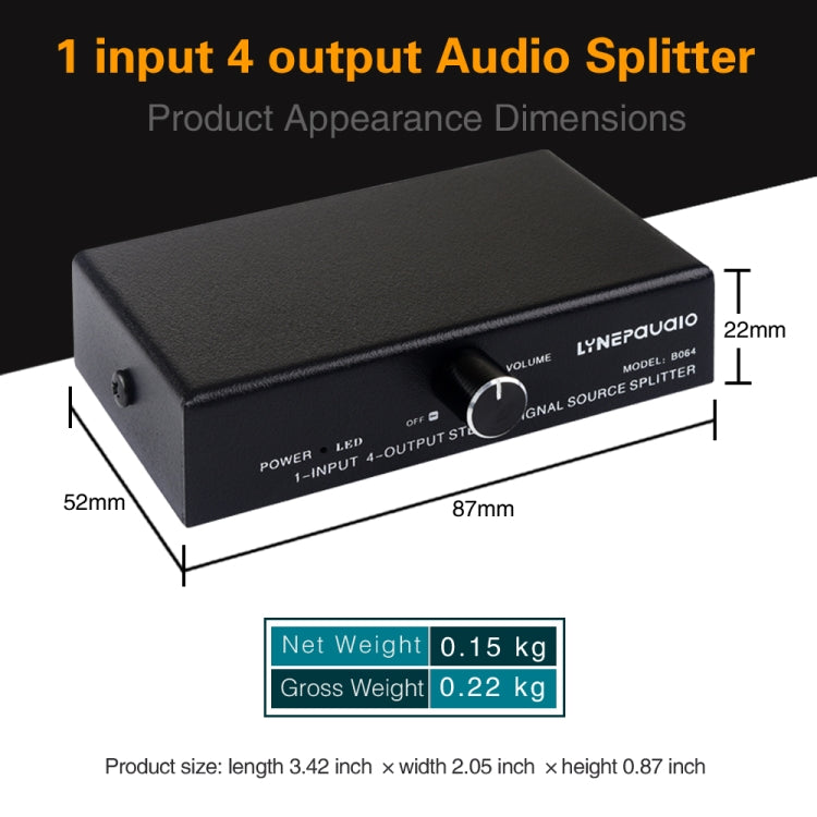 1-In-4-Out Audio Signal Splitter | 3.5mm Stereo Distribution Hub with Volume Control