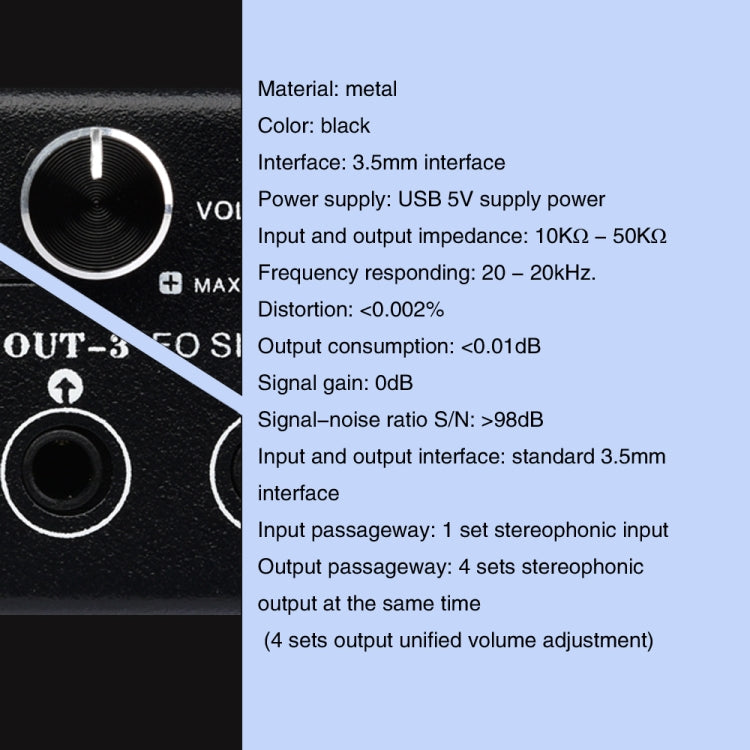 1-In-4-Out Audio Signal Splitter | 3.5mm Stereo Distribution Hub with Volume Control