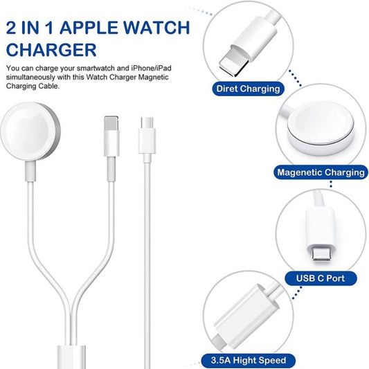 Cable de carga magnético 2 en 1 para Apple Watch y iPhone | USB de 1,2 m