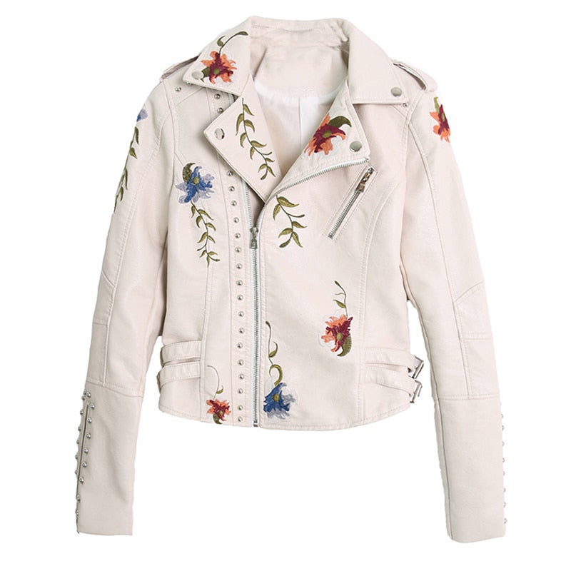 Women's Floral Embroidery PU Leather Biker Jacket – Turn-Down Collar | Black