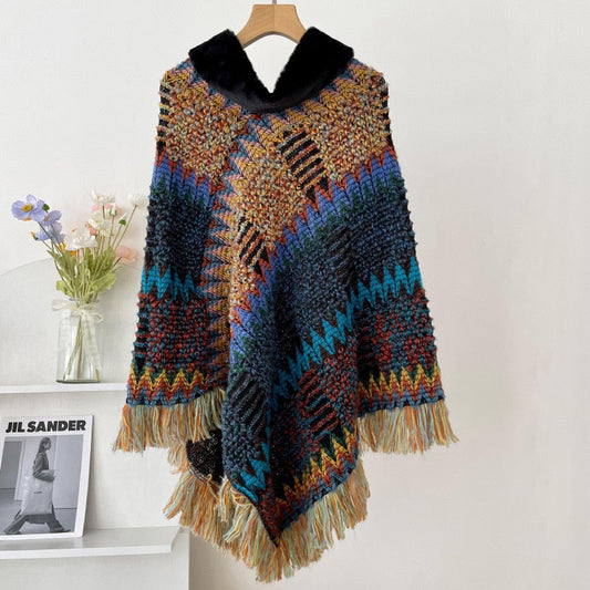 Women's Patterned Poncho with Tassel Hem & Plush Collar